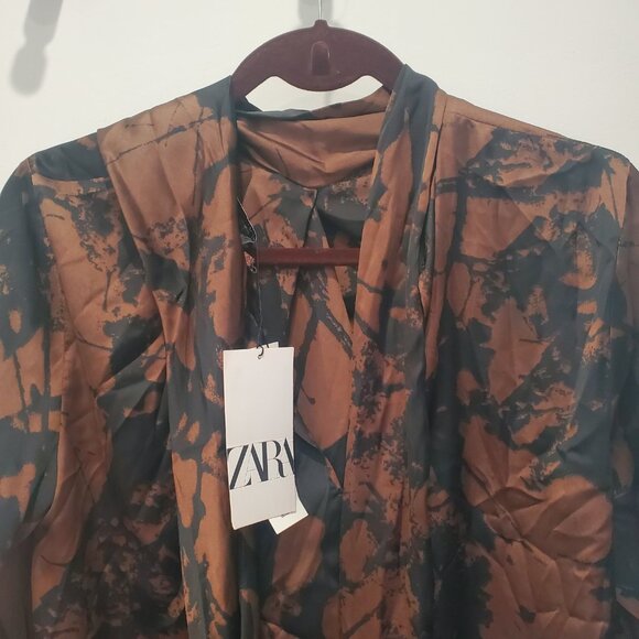 Zara New Brown & Black Abstract Tie Front Blouse with Full Cut Out Long Sleeve L - Picture 4 of 15